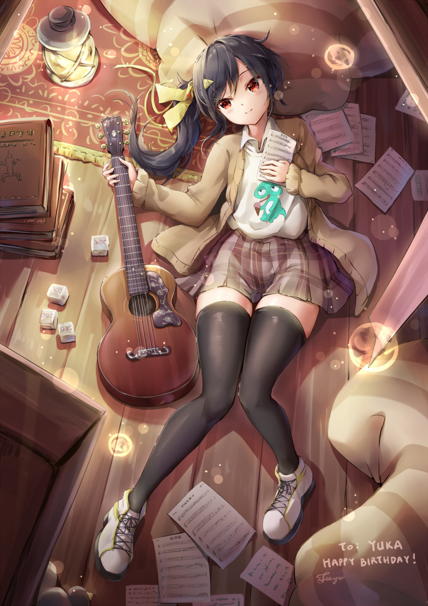 1girl, acoustic_guitar, black_hair, black_thighhighs, book, brown_cardigan, cardigan, carpet
