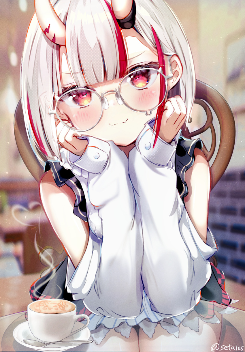 1girl, artist_name, blush, cafe, coffee, cup, detached_sleeves, disposable_cup