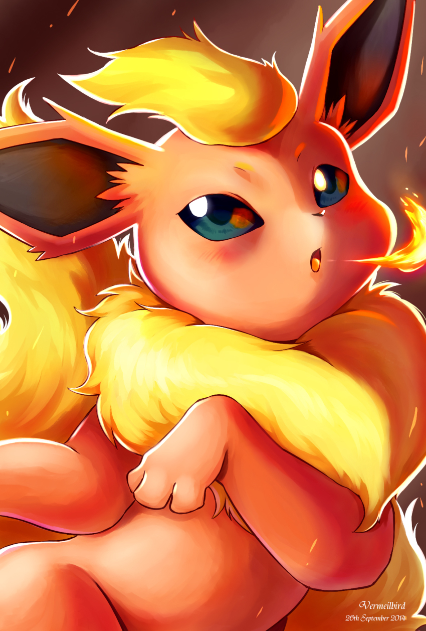 animal_focus, blonde_hair, blue_eyes, blush, dated, fire, flareon, gen_1_pokemon