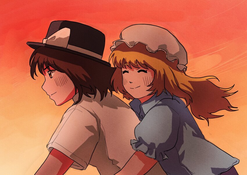 2girls, blonde_hair, blue_shirt, brown_eyes, brown_hair, closed_eyes, dorupi, dusk