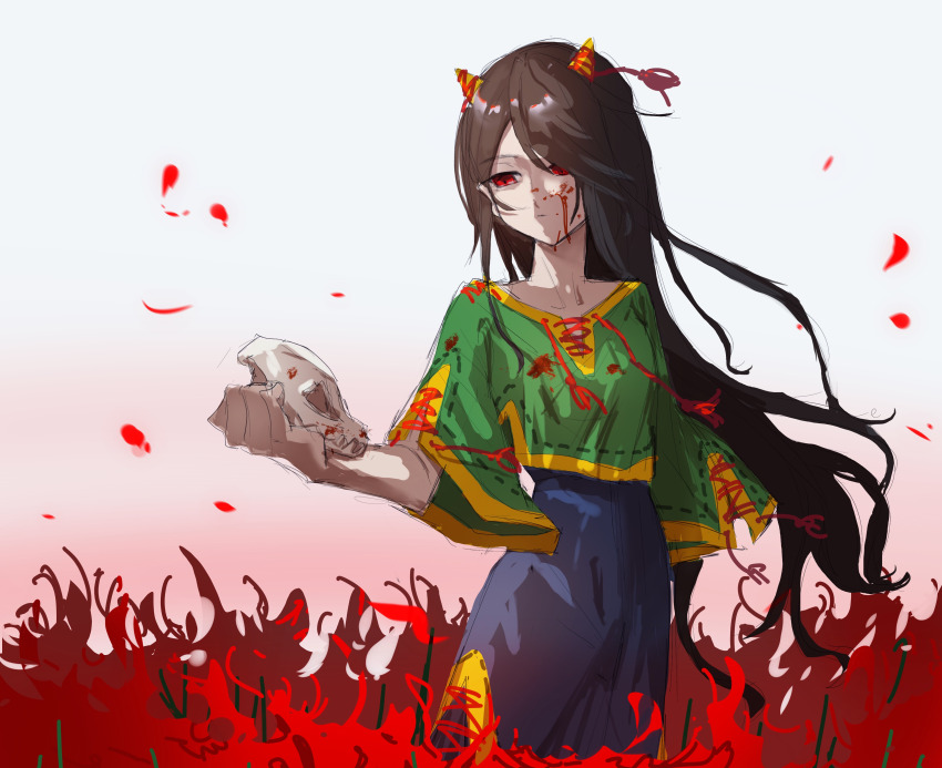 1girl, absurdres, animal_skull, black_hair, blood, blood_on_clothes, blood_on_face, blue_pants
