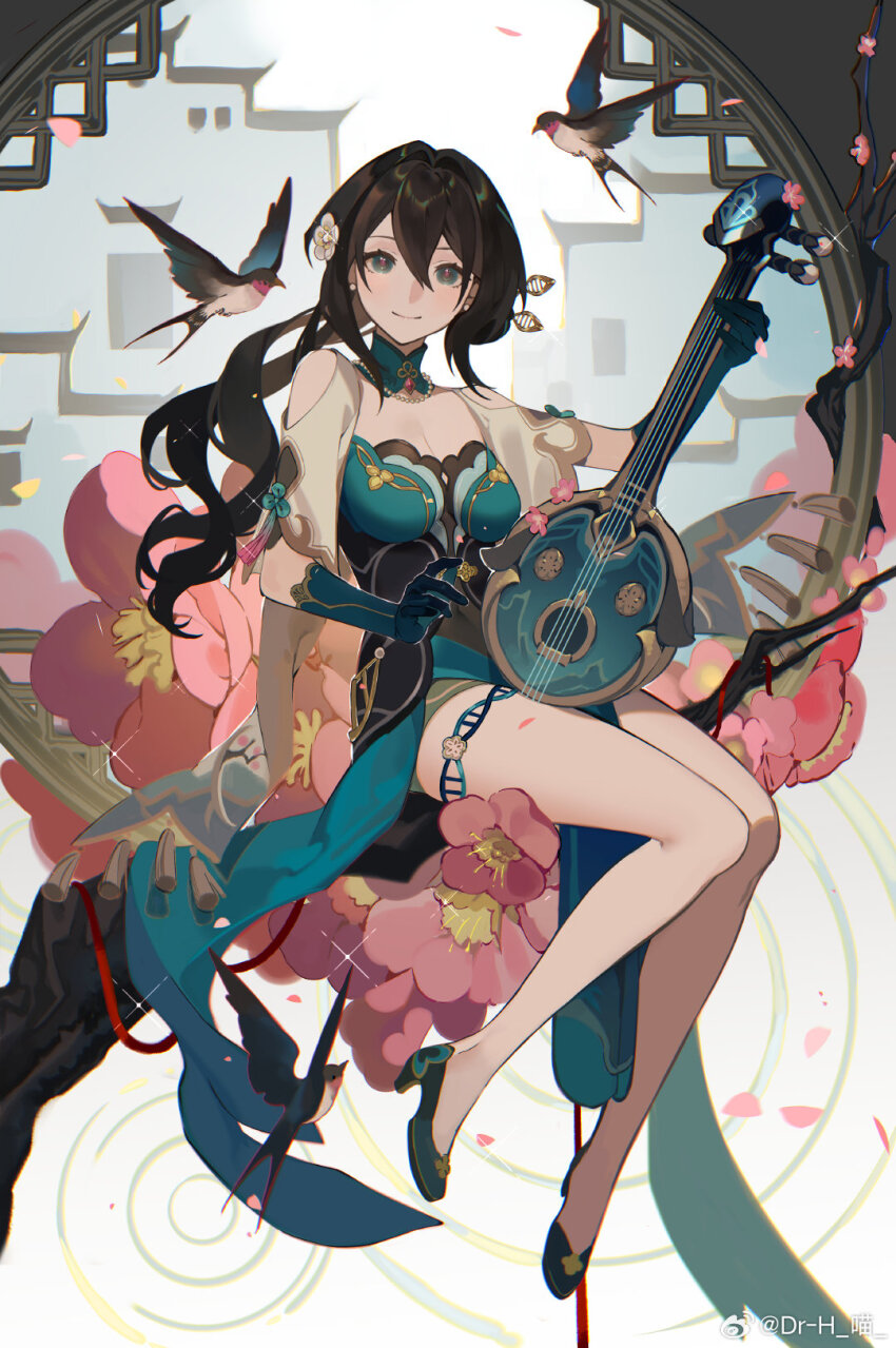 1girl, bare_legs, bare_shoulders, barn_swallow, bead_bracelet, beads, bird, black_hair, blue_choker, blue_dress, blue_eyes, blue_gloves, bracelet, breasts, chinese_commentary, chinese_hairpin, choker, cleavage, closed_mouth, clothing_cutout, commentary_request, dress, eyelashes, flower, flower_knot, frilled_thigh_strap, full_body, gloves, green_footwear, hair_flower, hair_ornament, harrymiao, high_heels, highres, holding, holding_instrument, honkai:_star_rail, honkai_(series), instrument, jewelry, lattice, long_hair, looking_at_viewer, low_ponytail, medium_breasts, petals, pink_flower, ponytail, red_pupils, ripples, ruan, ruan_mei_(honkai:_star_rail), short_dress, short_sleeves, shoulder_cutout, sitting, smile, solo, swallow_(bird), thigh_strap, watermark, weibo_watermark, white_flower, white_sleeves