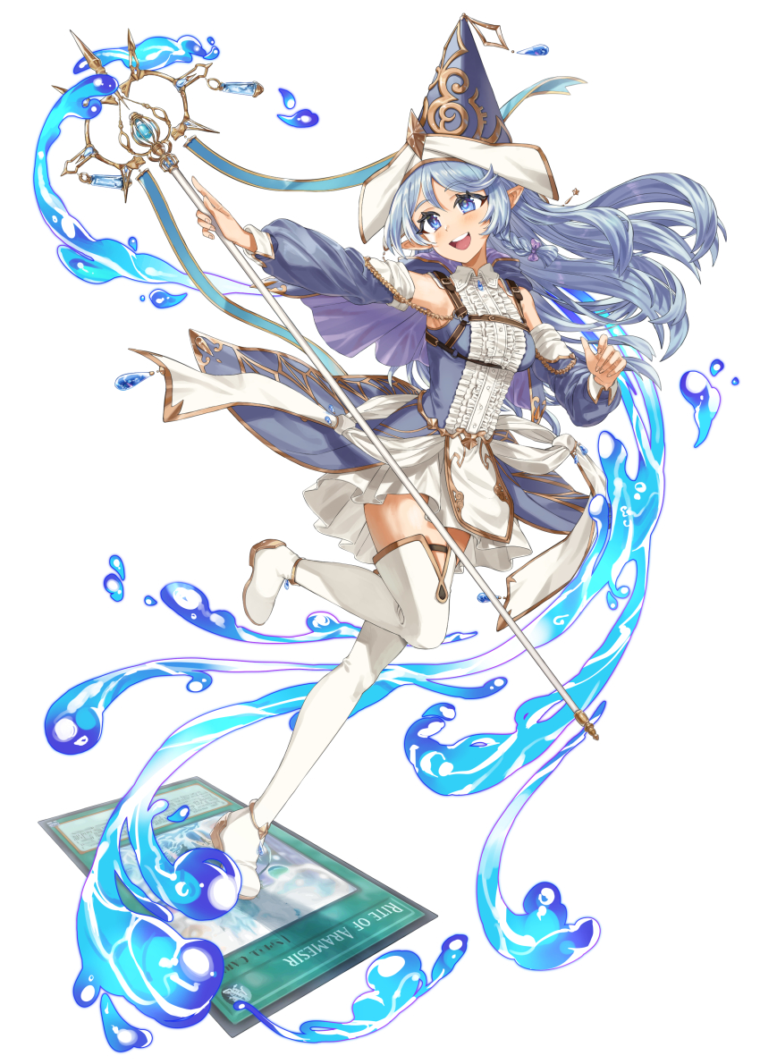 1girl, absurdres, bare_shoulders, blue_eyes, blue_hair, boots, card, detached_sleeves