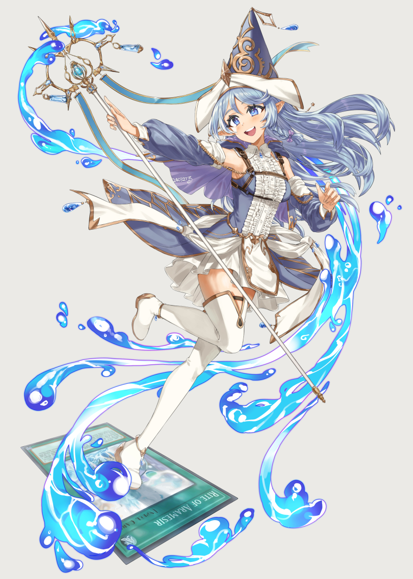 1girl, absurdres, bare_shoulders, blue_eyes, blue_hair, boots, card, detached_sleeves