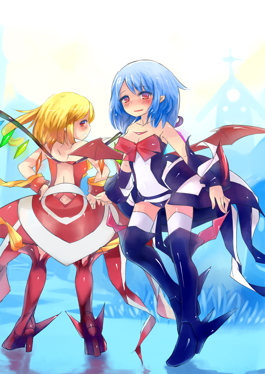 2girls, alternate_costume, ameru.miro, bad_id, bad_pixiv_id, bat_wings, blonde_hair, blue_hair, cosplay, dimples_of_venus, fairlion, fairlion_(cosplay), female_focus, flandre_scarlet, highres, multiple_girls, ponytail, red_eyes, remilia_scarlet, short_hair, side_ponytail, super_robot_wars, super_robot_wars_original_generation, thighhighs, touhou, wings