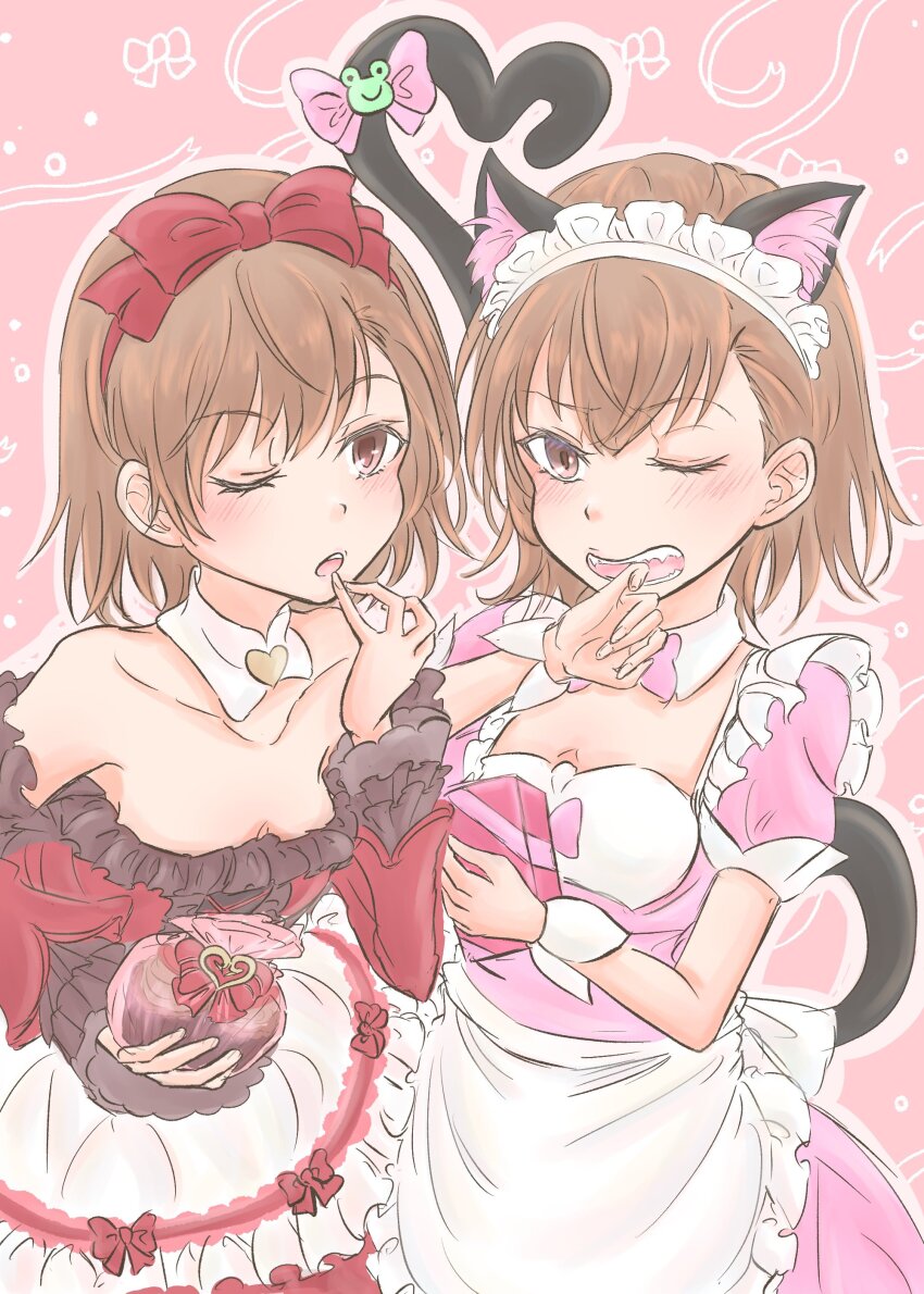 2girls, absurdres, alternate_costume, animal_ears, apron, blush, bow, breasts