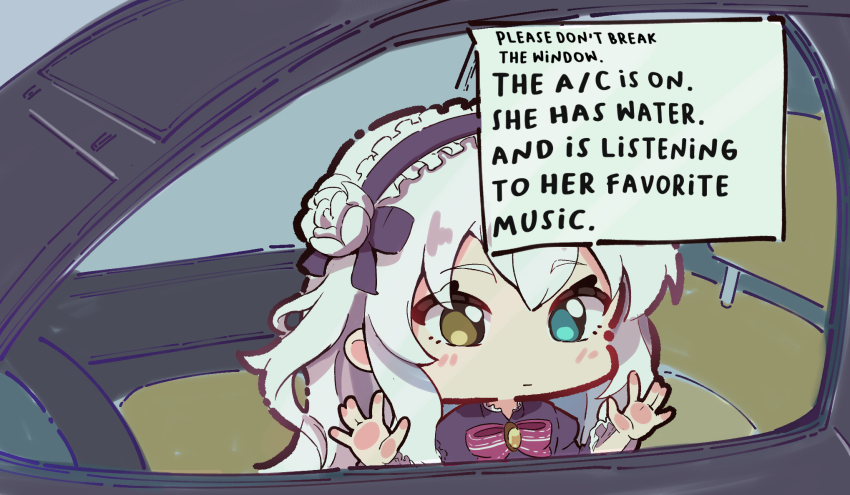 1girl, blue_eyes, bow, bowtie, car, chibi, closed_mouth, commentary, eiyuu_densetsu, english_commentary, english_text, flower_hairband, frilled_hairband, frills, hairband, hajimari_no_kiseki, heterochromia, highres, lapis_rosenberg, lolita_hairband, long_hair, meme, motor_vehicle, naisu_(nai_su01), paper, please_don't_break_the_window_(meme), purple_bow, purple_bowtie, purple_hairband, solo, white_hair, window, yellow_eyes
