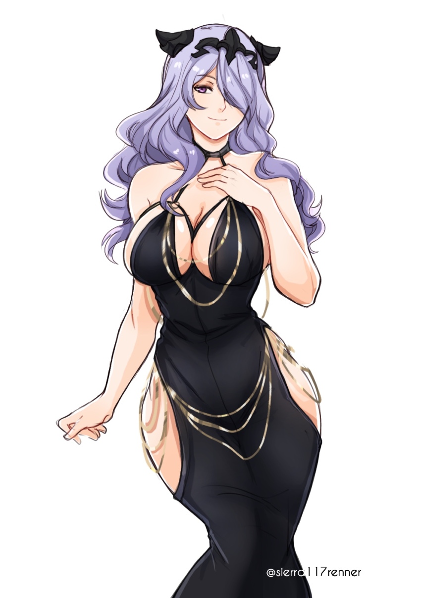 1girl, alternate_costume, artist_name, bare_shoulders, black_dress, breasts, camilla_(fire_emblem), cleavage, closed_mouth, clothing_cutout, commentary, dress, english_commentary, fake_horns, fire_emblem, fire_emblem_fates, formal_clothes, hair_ornament, hair_over_one_eye, highres, horns, large_breasts, long_hair, modakawa_dress, nintendo, one_eye_covered, purple_eyes, purple_hair, sierra117renner, simple_background, smile, solo, strapless, strapless_dress, twitter_username, wavy_hair, white_background