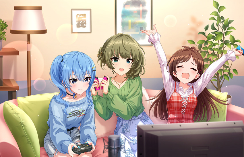 3girls, arms_up, blue_eyes, blue_hair, brown_hair, choker, closed_eyes, controller