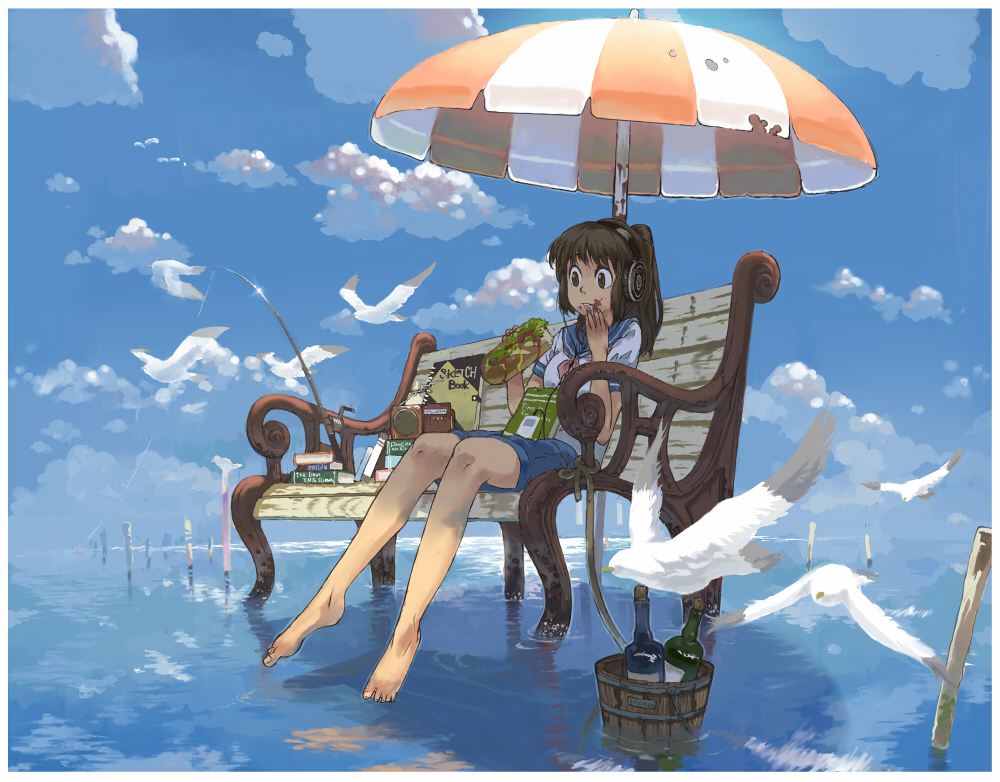 1girl, bad_id, bad_pixiv_id, barefoot, beach_umbrella, bench, bird, book