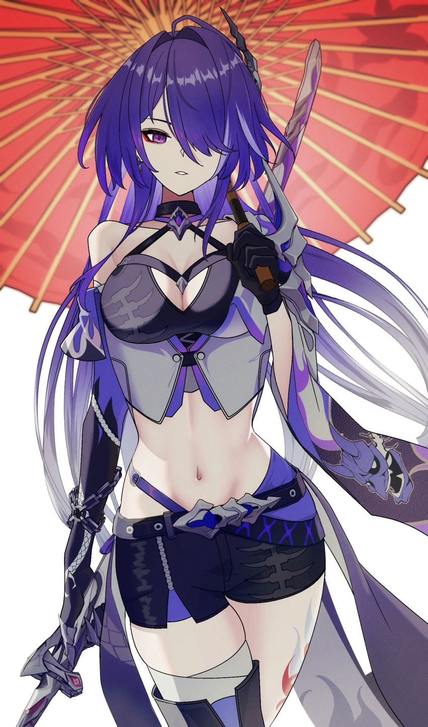 1girl, absurdres, acheron_(honkai:_star_rail), black_choker, black_gloves, black_shorts, choker, commentary