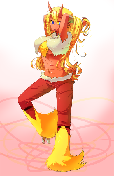 1girl, abs, blaziken, blonde_hair, blue_eyes, breasts, colored_skin, dark-skinned_female, dark_skin, female_focus, fire, gen_3_pokemon, horns, large_breasts, long_hair, mogumogu_mole, muscular, navel, nintendo, partial_humanization, pokemon, ponytail, red_skin, smile, solo, tail, talons, tanpopo_hayabusa-maru, underboob, very_long_hair