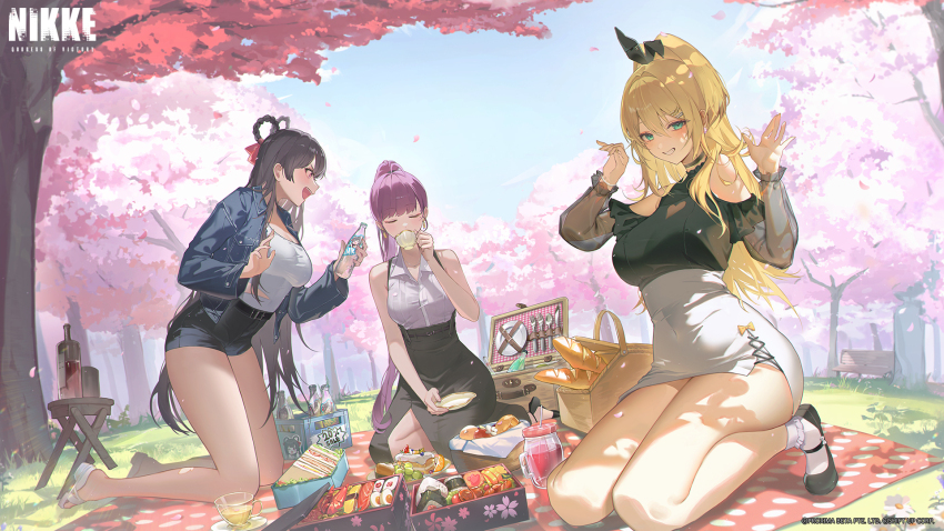 3girls, ahoge, alternate_costume, animal_ears, apple, baguette, bare_legs, belt
