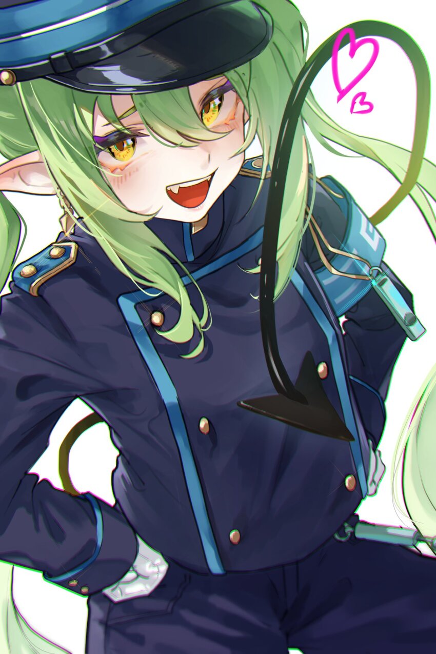 1girl, black_hat, black_jacket, black_shorts, black_tail, blue_archive, blush, demon_tail