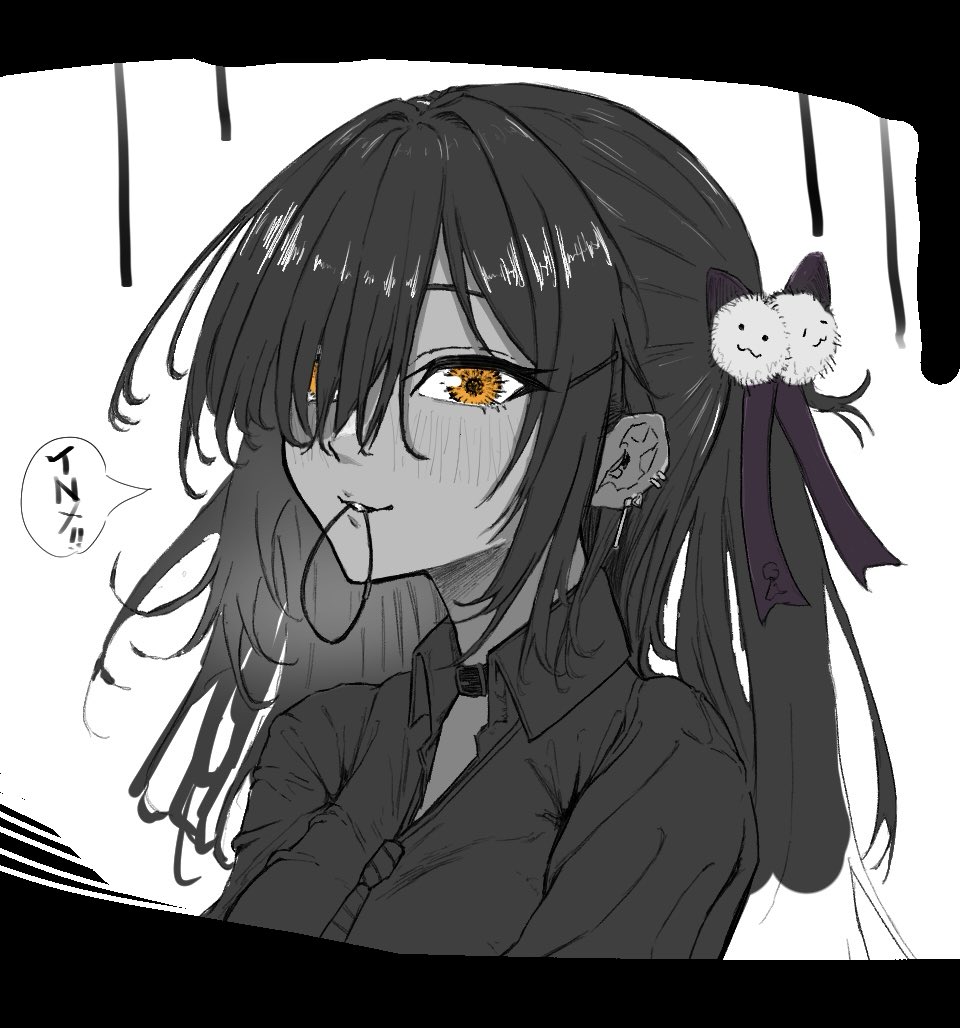 1girl, blush, collared_shirt, dark-skinned_female, dark_skin, ear_piercing, gamehatachi, goddess_of_victory:_nikke