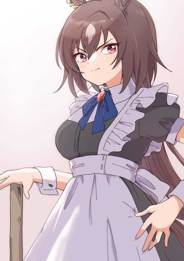 1girl, alternate_costume, animal_ears, apron, blue_bow, bow, broom, brown_hair