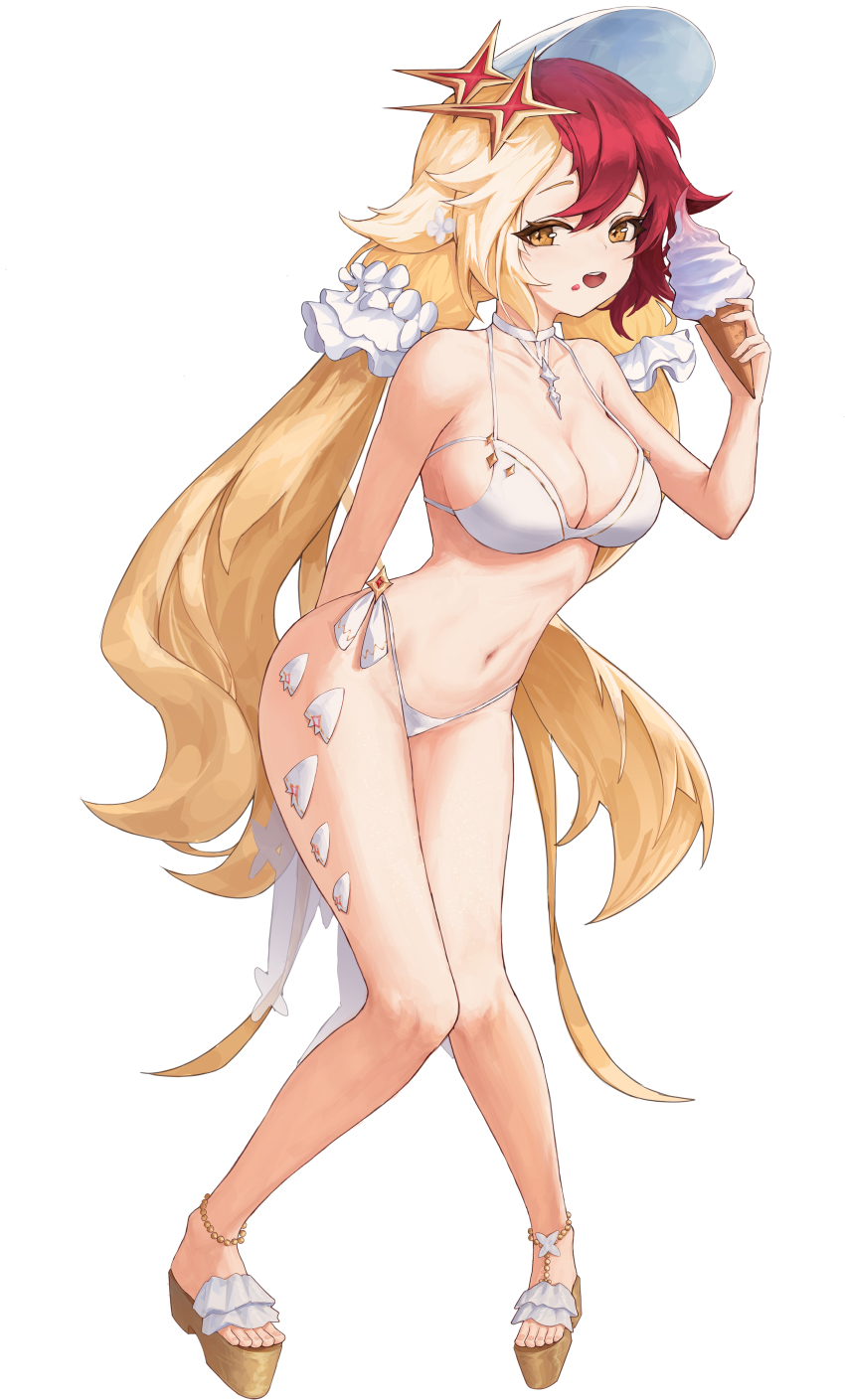 absurdres, alchemy_stars, arm_behind_back, bikini, blonde_hair, breasts, cleavage, food