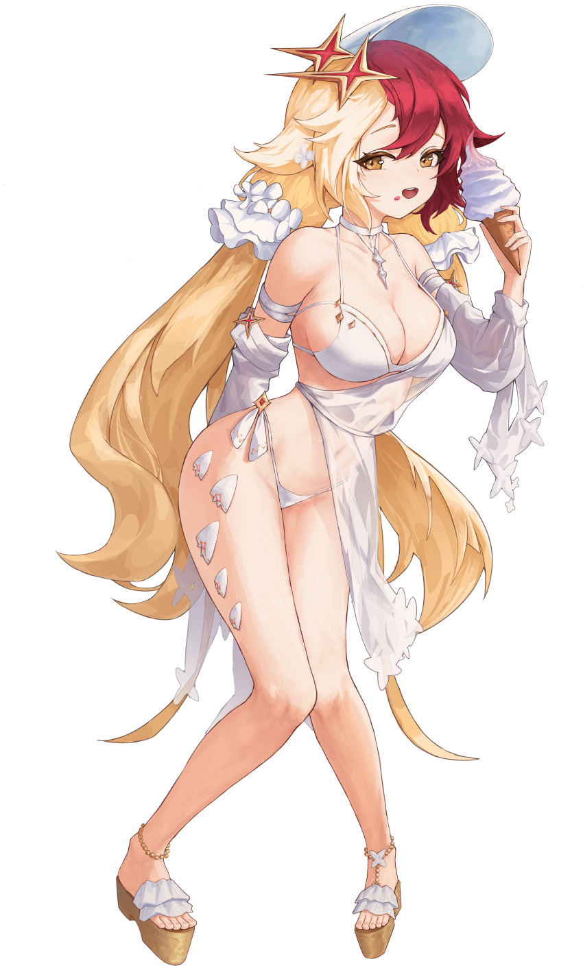 absurdres, alchemy_stars, arm_behind_back, bikini, blonde_hair, breasts, cleavage, covered_navel