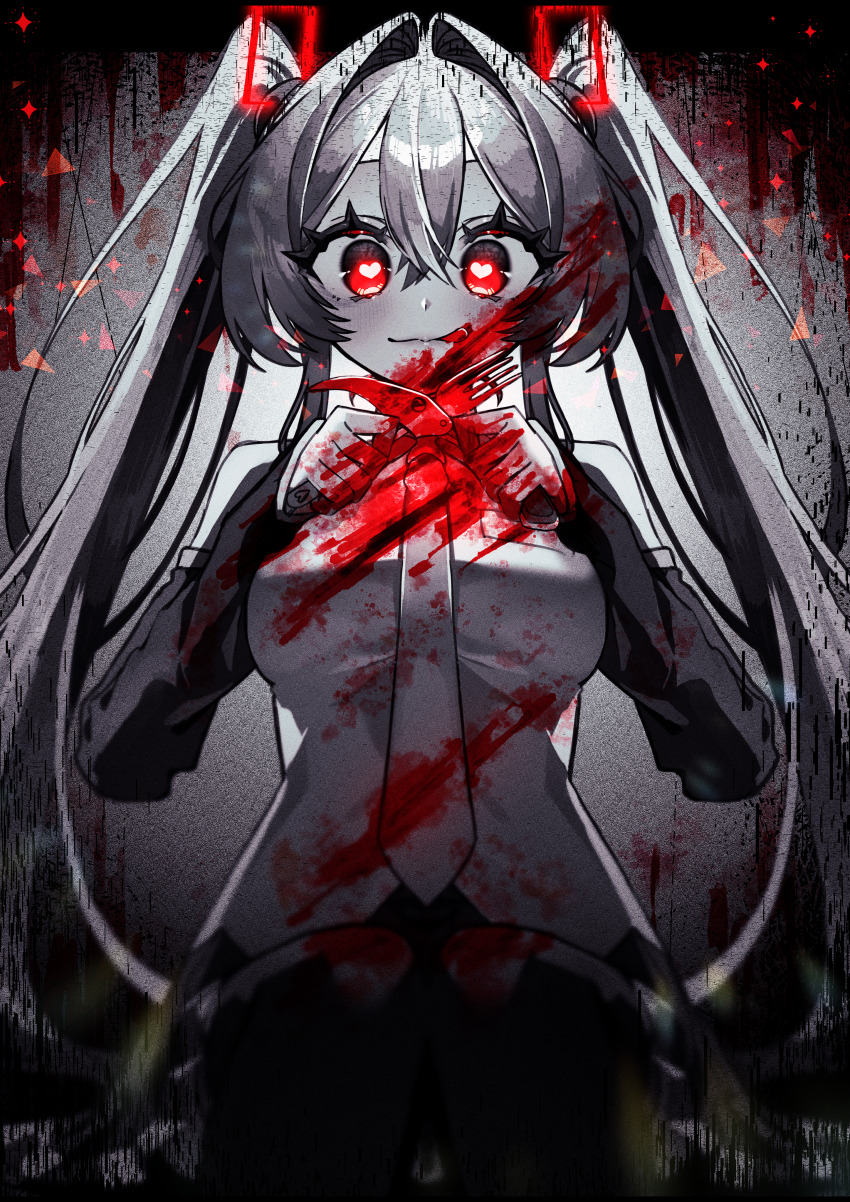 1girl, :p, absurdres, aduma_tobari, binomi_(vocaloid), blood, commentary, cowboy_shot, detached_sleeves, folding_knife, fork, from_below, gradient_background, grey_background, hatsune_miku, heart, heart-shaped_pupils, highres, holding, holding_fork, holding_knife, knife, looking_at_viewer, looking_down, mixed-language_commentary, red_eyes, smile, solo, spot_color, switchblade, symbol-shaped_pupils, tongue, tongue_out, twintails, vocaloid, yandere