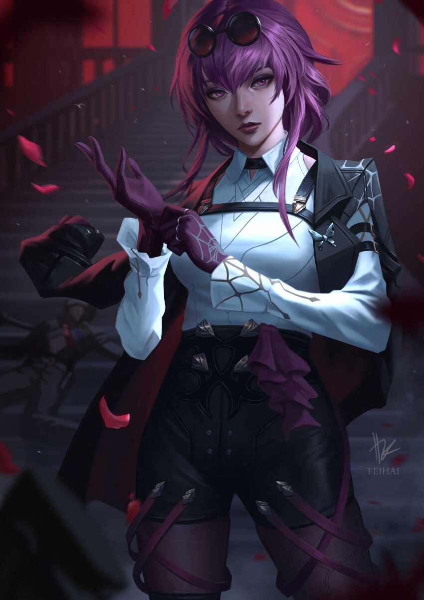 1girl, absurdres, adjusting_clothes, adjusting_gloves, artist_logo, artist_name, black_jacket, blood