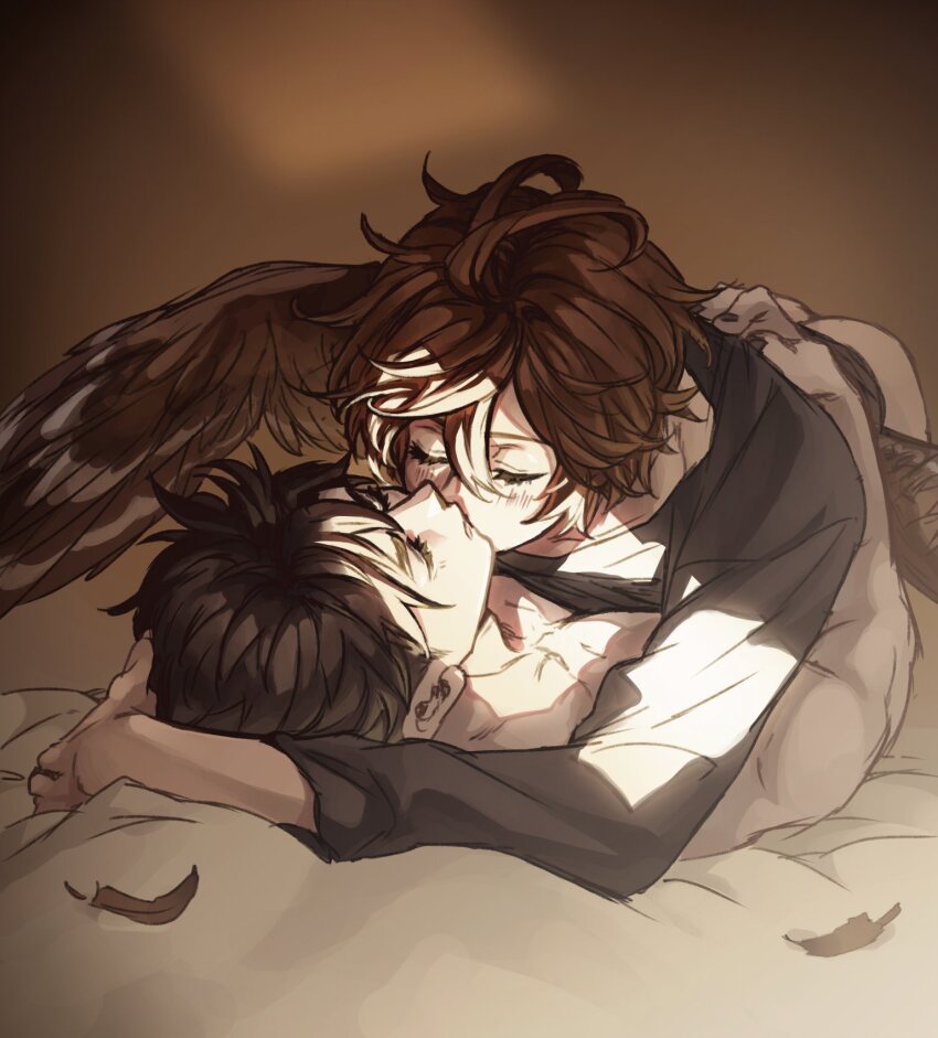 2boys, ahoge, artist_collaboration, artist_request, belial_(granblue_fantasy), black_shirt, blanket, boy_on_top