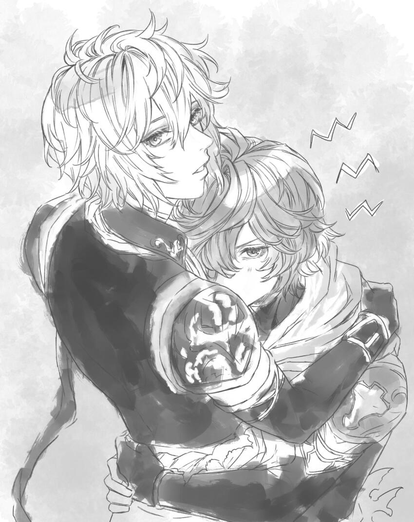 2boys, ahoge, annoyed, bracelet, commentary, cowboy_shot, elbow_gloves, english_commentary