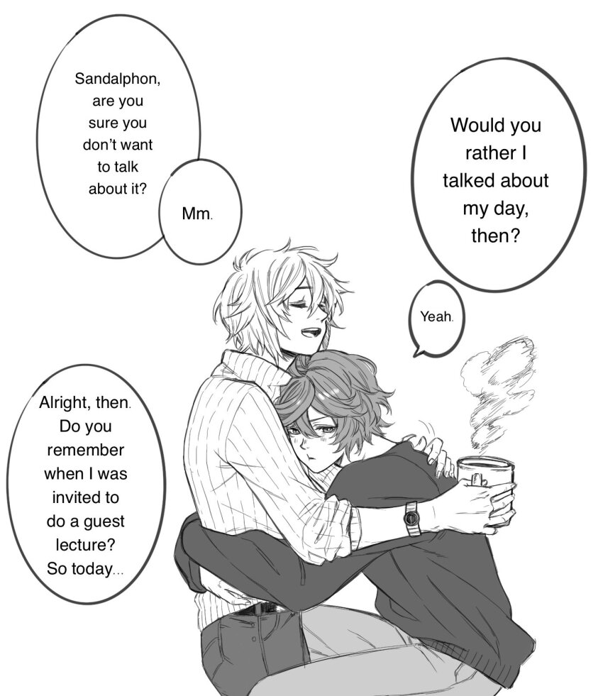 2boys, :d, ahoge, blush, closed_eyes, coffee, coffee_mug, commentary