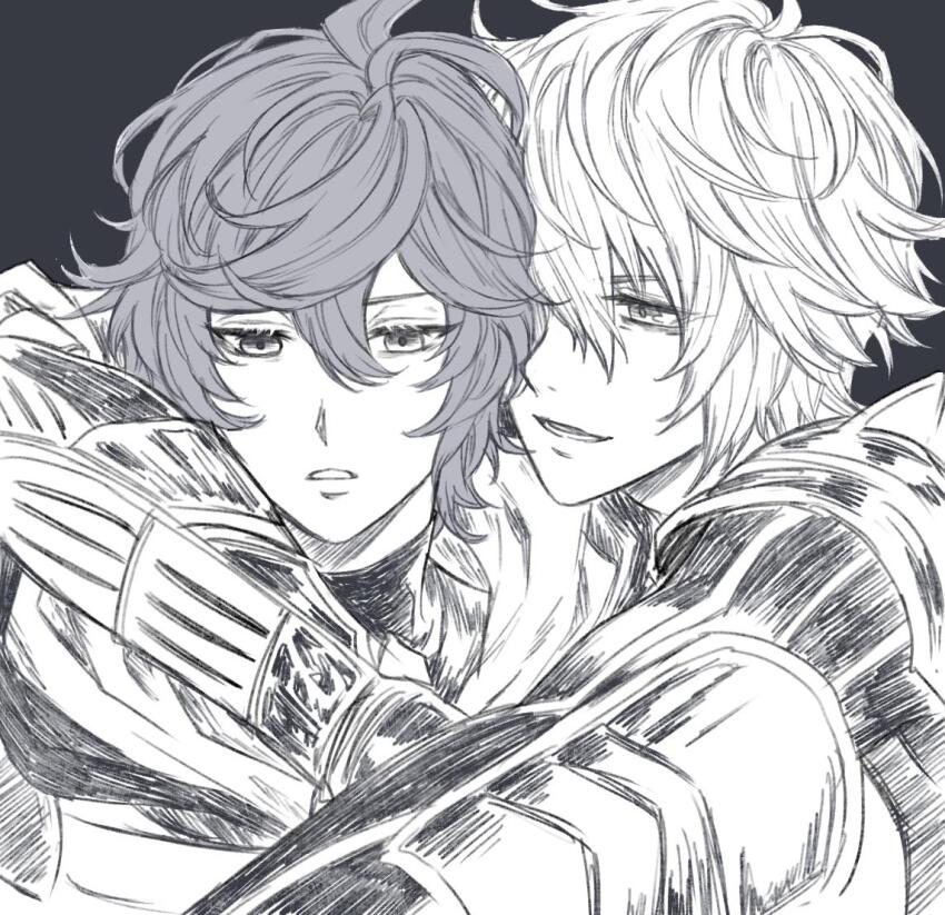 2boys, ahoge, arm_around_neck, armor, borrowed_clothes, commentary, cosplay, disguise