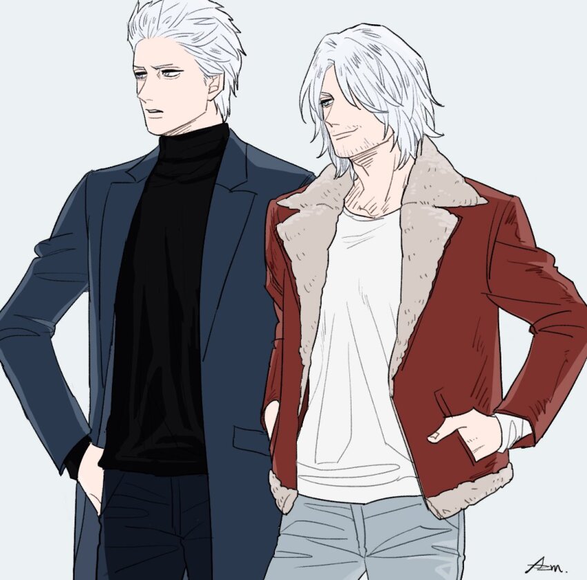 2boys, azuma_xoxo_9, blue_coat, blue_eyes, coat, dante_(devil_may_cry), devil_may_cry_(series), devil_may_cry_5