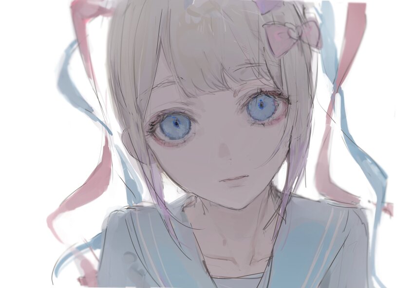 1girl, absurdres, blue_eyes, blue_hair, blunt_bangs, bow, chouzetsusaikawa_tenshi-chan, closed_mouth