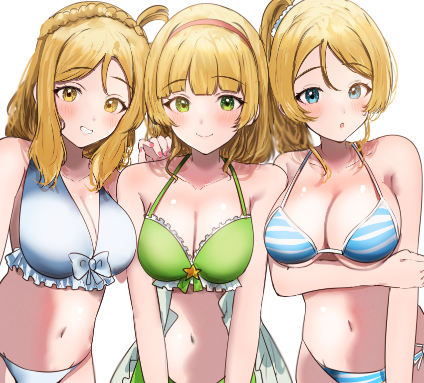 3girls, absurdres, ayase_eli, bikini, blonde_hair, breasts, cleavage, color_connection