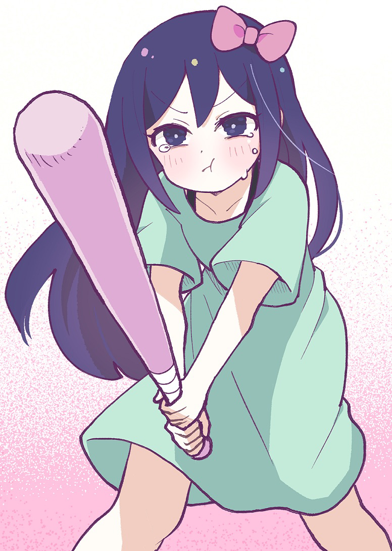 1girl, aubrey_(headspace)_(omori), aubrey_(omori), baseball_bat, blush, bow, bright_pupils, closed_mouth, collarbone, crying, crying_with_eyes_open, doroidsan, dress, gradient_background, green_dress, hair_between_eyes, hair_bow, holding, holding_baseball_bat, long_hair, looking_ahead, omori, pink_background, pink_bow, purple_eyes, purple_hair, short_sleeves, solo, tears, v-shaped_eyebrows, white_background, white_pupils
