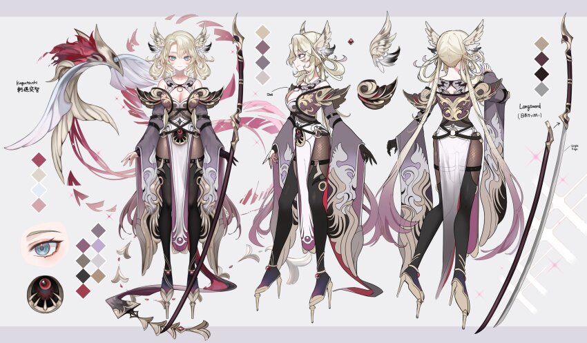 1girl, amane_uta, black_gloves, black_nails, black_thighhighs, blonde_hair, breasts, reference_sheet