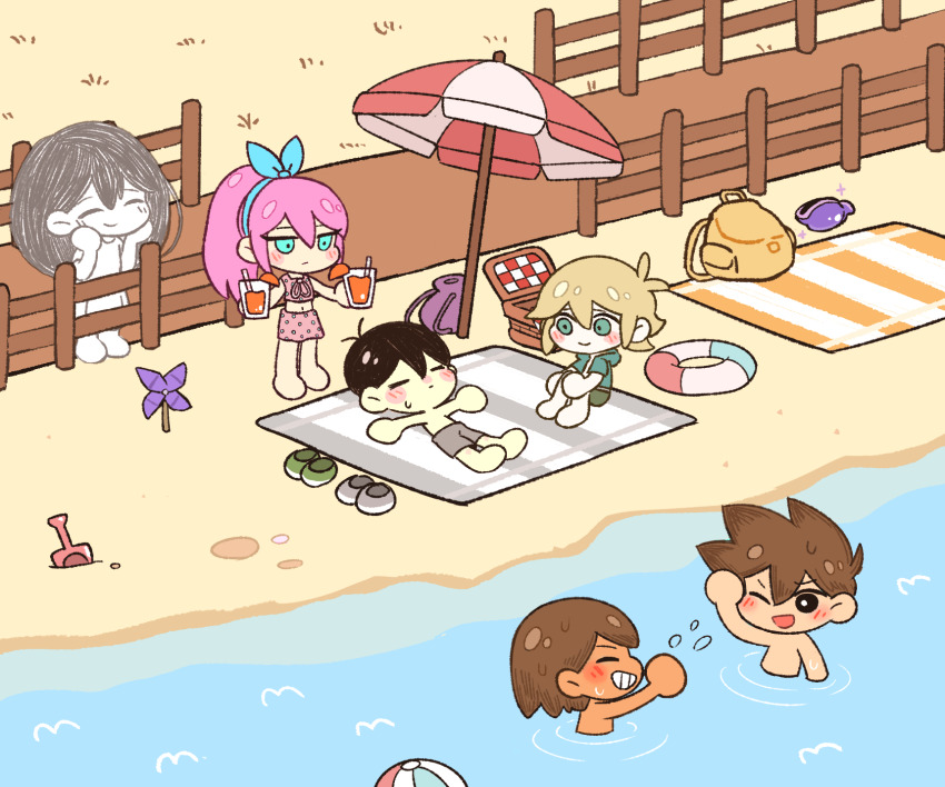 2girls, 4boys, alternate_costume, alternate_hairstyle, antenna_hair, aqua_eyes, aubrey_(faraway)_(omori), aubrey_(omori), backpack, bag, ball, bare_arms, barefoot, basil_(faraway)_(omori), basil_(omori), beach, beach_towel, beach_umbrella, beachball, black_eyes, black_hair, blue_hairband, blush, bright_pupils, brother_and_sister, brothers, brown_hair, chibi, chibi_only, closed_eyes, closed_mouth, colored_skin, cup, dark-skinned_male, dark_skin, dress, drinking_straw, facing_another, fence, food, fruit, full_body, green_eyes, green_jacket, green_male_swimwear, grey_male_swimwear, grin, hair_behind_ear, hair_between_eyes, hairband, hand_fan, hands_on_own_face, hero_(faraway)_(omori), hero_(omori), high_ponytail, highres, holding, holding_cup, hood, hooded_jacket, jacket, juice, kel_(faraway)_(omori), kel_(omori), kireso_majide, looking_at_another, male_swimwear, mari_(faraway)_(omori), mari_(omori), mari_(spirit)_(omori), multicolored_umbrella, multiple_boys, multiple_girls, navel, neck_ribbon, omocat_(style), omori, one_eye_closed, open_clothes, open_jacket, open_mouth, orange_(fruit), orange_bag, orange_juice, orange_slice, outdoors, paper_fan, parody, picnic_basket, pink_ribbon, pink_skirt, pink_top, polka_dot, polka_dot_skirt, polka_dot_swimsuit, ponytail, purple_bag, red_umbrella, ribbon, sand, seashell, shell, shoes, short-sleeved_jacket, short_sleeves, shovel, siblings, skirt, smile, sparkle, spirit, splashing, spoilers, standing, style_parody, sunny_(omori), sweatdrop, swim_trunks, swimsuit, topless_male, towel, tube, umbrella, white_dress, white_pupils, white_skin, white_umbrella