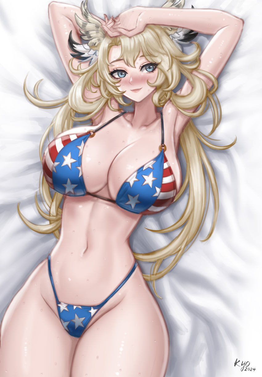 1girl, 2024, absurdres, american_flag, american_flag_bikini, american_flag_print, arm_behind_head, bikini, blonde_hair, blush, breasts, cleavage, closed_mouth, collarbone, eien_project, flag_print, flag_print_bikini, grey_eyes, head_wings, highleg, highleg_bikini, highres, kyopink, large_breasts, lips, long_hair, lying, multicolored_bikini, navel, on_back, print_bikini, second-party_source, signature, skye_shinryu, solo, star_(symbol), star_print, sweat, swimsuit, virtual_youtuber, wings