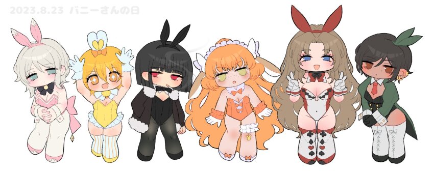 6+girls, animal_ears, arms_up, black_bow, black_bowtie, black_gloves, black_hairband, black_pantyhose