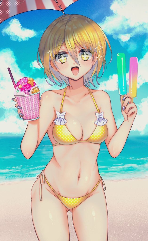 1girl, beach, bikini, bow, breasts, cowboy_shot, don_quixote_(project_moon), food