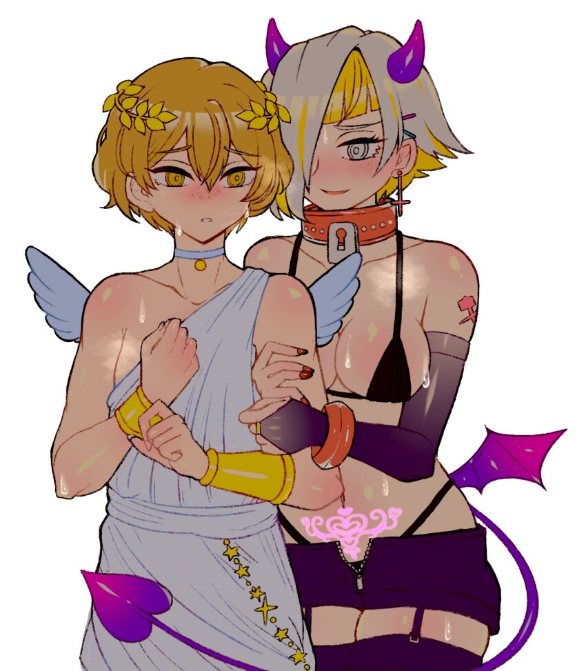 1boy, 1girl, angel, angel_and_devil, angel_wings, bikini, black_bikini, blonde_hair