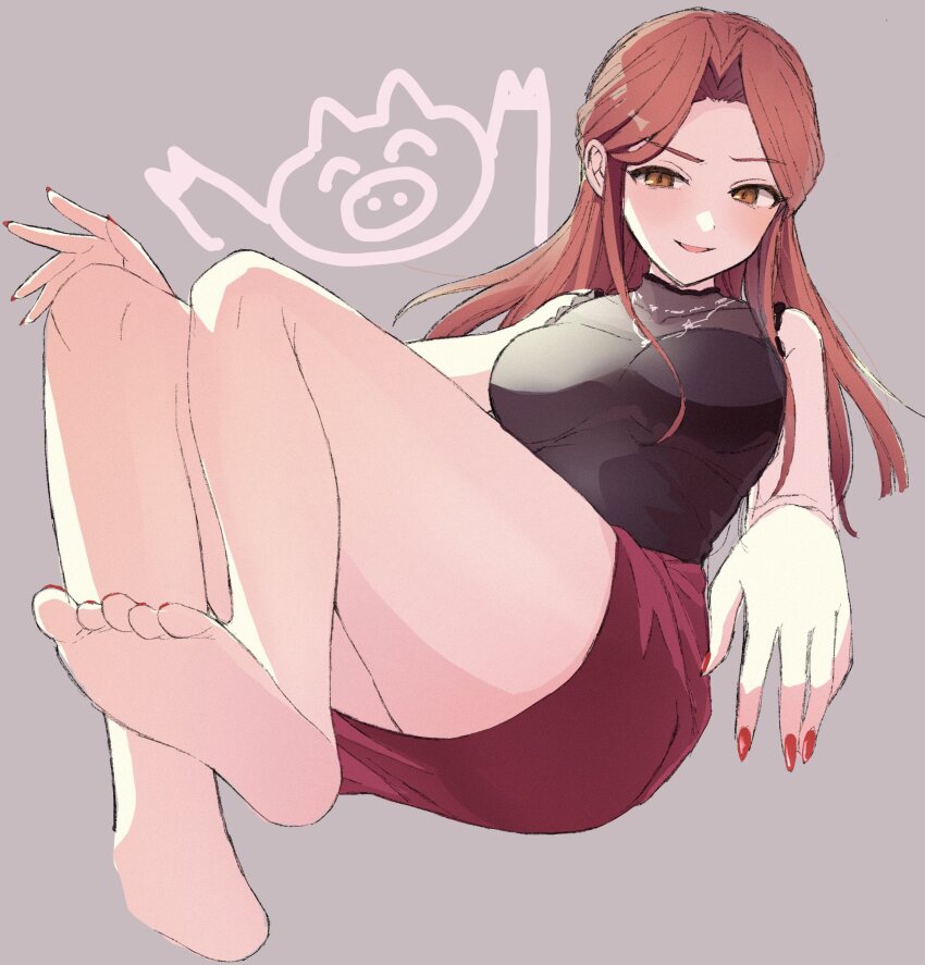 1girl, bare_shoulders, barefoot, black_shirt, breasts, brown_eyes, brown_hair, collarbone