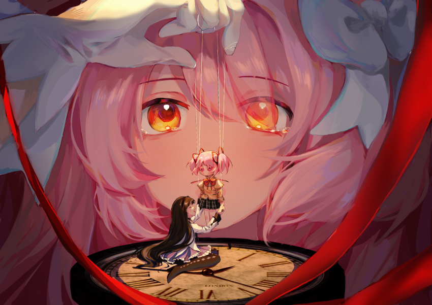 3girls, akemi_homura, akemi_homura_(magical_girl), bow, clockwork, finger_puppet, frown, highres, kaname_madoka, long_hair, mahou_shoujo_madoka_magica, multiple_girls, pink_hair, puppet, puppet_strings, shuiy1003, string, tearing_up, ultimate_madoka, very_long_hair, white_bow