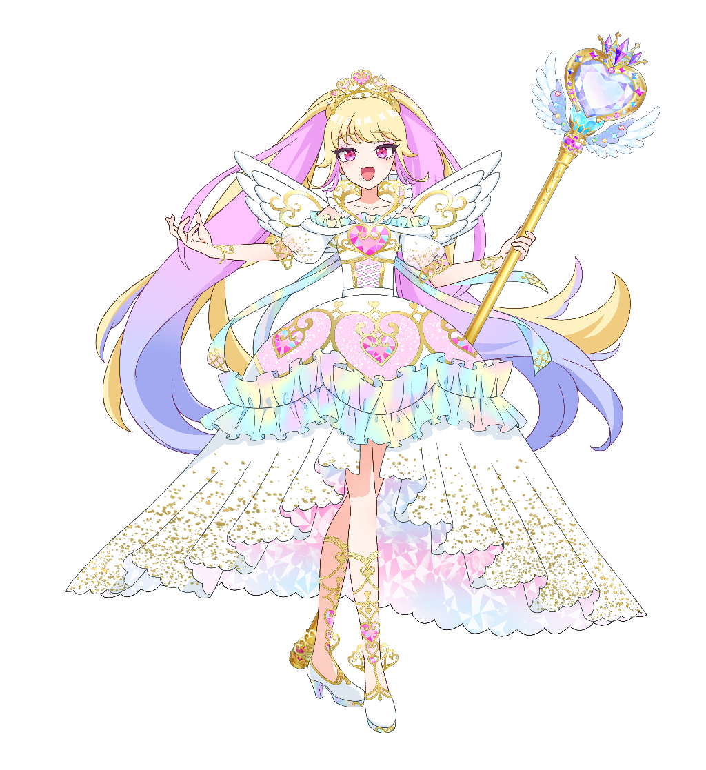 1girl, :d, blonde_hair, blue_hair, commentary_request, dress, full_body, gold_trim, gradient_hair, hands_up, high_heels, hime_lolita, himeme_(pretty_series), holding, holding_scepter, lolita_fashion, long_hair, looking_at_viewer, multicolored_hair, official_art, open_mouth, pink_eyes, pink_hair, pretty_series, princess, puffy_short_sleeves, puffy_sleeves, scepter, second-party_source, short_sleeves, simple_background, smile, solo, standing, tachi-e, tiara, transparent_background, tugu-huka, twintails, very_long_hair, waccha_primagi!, waccha_primagi!_studio, white_dress, white_footwear, white_wings, wings