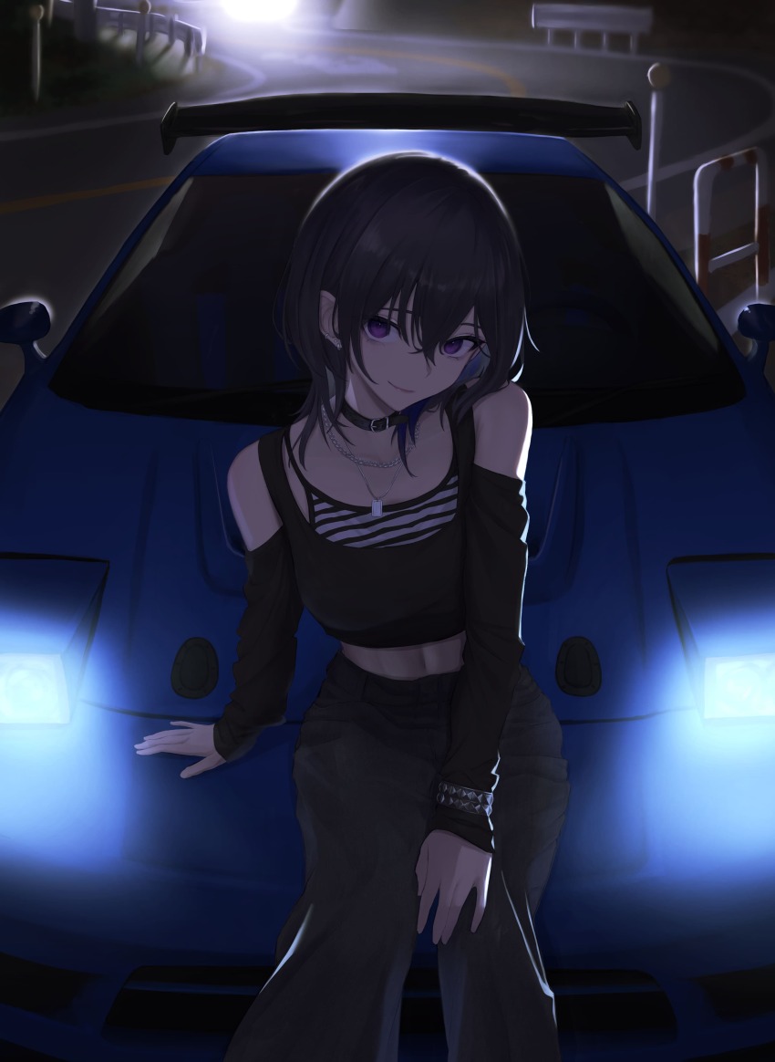 absurdres, alternate_costume, animal_ears, aruto_araragi, bare_shoulders, black_camisole, black_collar, black_hair, black_pants, black_tank_top, blue_hair, bracelet, camisole, car, chain, chain_necklace, collar, colored_inner_hair, detached_sleeves, dog_tags, ear_piercing, grey_hair, hair_between_eyes, head_tilt, highres, honda_nsx, ichinose_uruha, jewelry, light_smile, long_sleeves, midriff, motor_vehicle, multicolored_hair, navel, necklace, night, on_car, pants, piercing, purple_eyes, road, sitting, sports_car, streaked_hair, street, striped_camisole, tank_top, virtual_youtuber, vspo!, white_camisole