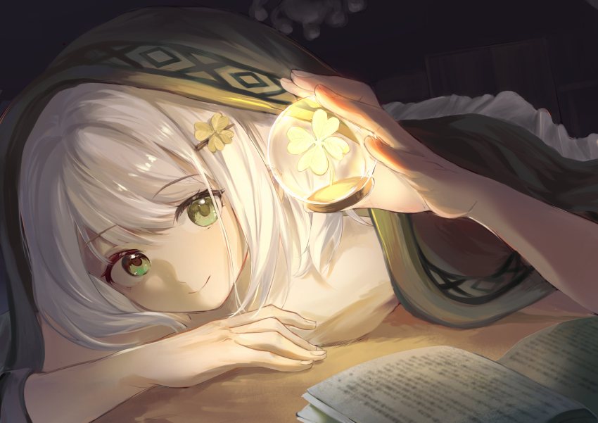 1girl, absurdres, book, chinese_commentary, clover, clover_hair_ornament, dark, four-leaf_clover