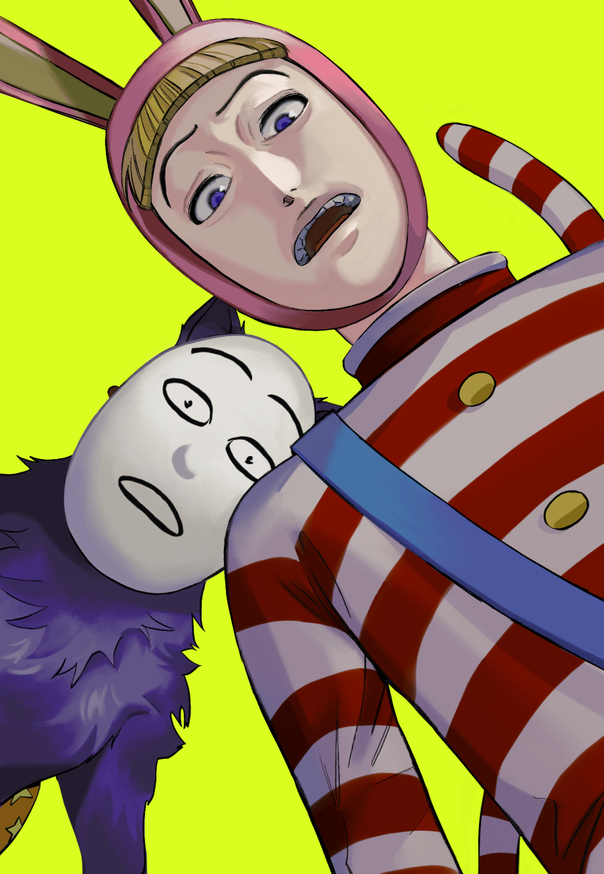 2boys, animal_hat, blonde_hair, blunt_bangs, bodysuit, dutch_angle, from_below, frown