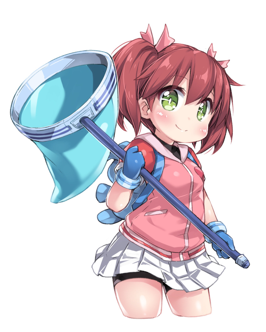 1girl, backpack, bag, bike_shorts, bike_shorts_under_skirt, black_shorts, blue_gloves, brown_hair