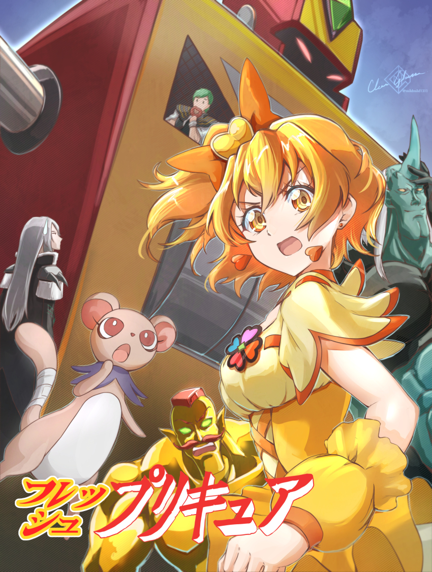 1girl, 4boys, blonde_hair, bow, brooch, brown_eyes, choker, clear_glass_(mildmild1311)