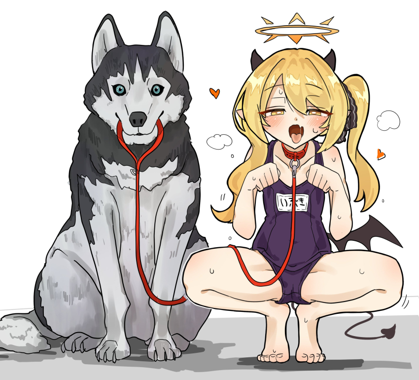 1girl, absurdres, animal, animal_collar, animal_holding_leash, bare_arms, bare_legs, bare_shoulders, barefoot, black_horns, black_one-piece_swimsuit, black_tail, black_wings, blonde_hair, blue_archive, blush, collar, collarbone, demon_horns, demon_tail, demon_wings, dog, fang, flat_chest, happy_jolson, heart, highres, horns, ibuki_(blue_archive), loli, long_hair, looking_at_viewer, name_tag, one-piece_swimsuit, open_mouth, pet_play, pointy_ears, school_swimsuit, side_ponytail, simple_background, skin_fang, solo, swimsuit, tail, tongue, tongue_out, white_background, wings, yellow_eyes