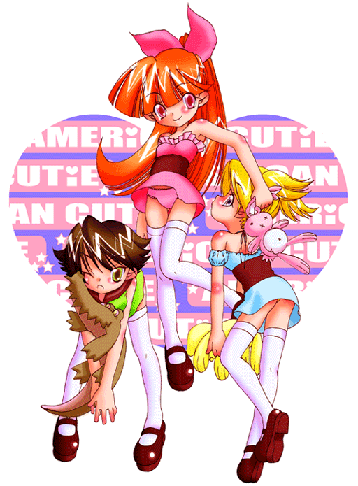3girls, ass, bent_over, black_hair, black_shoes, blonde_hair, blossom_(ppg), blue_dress