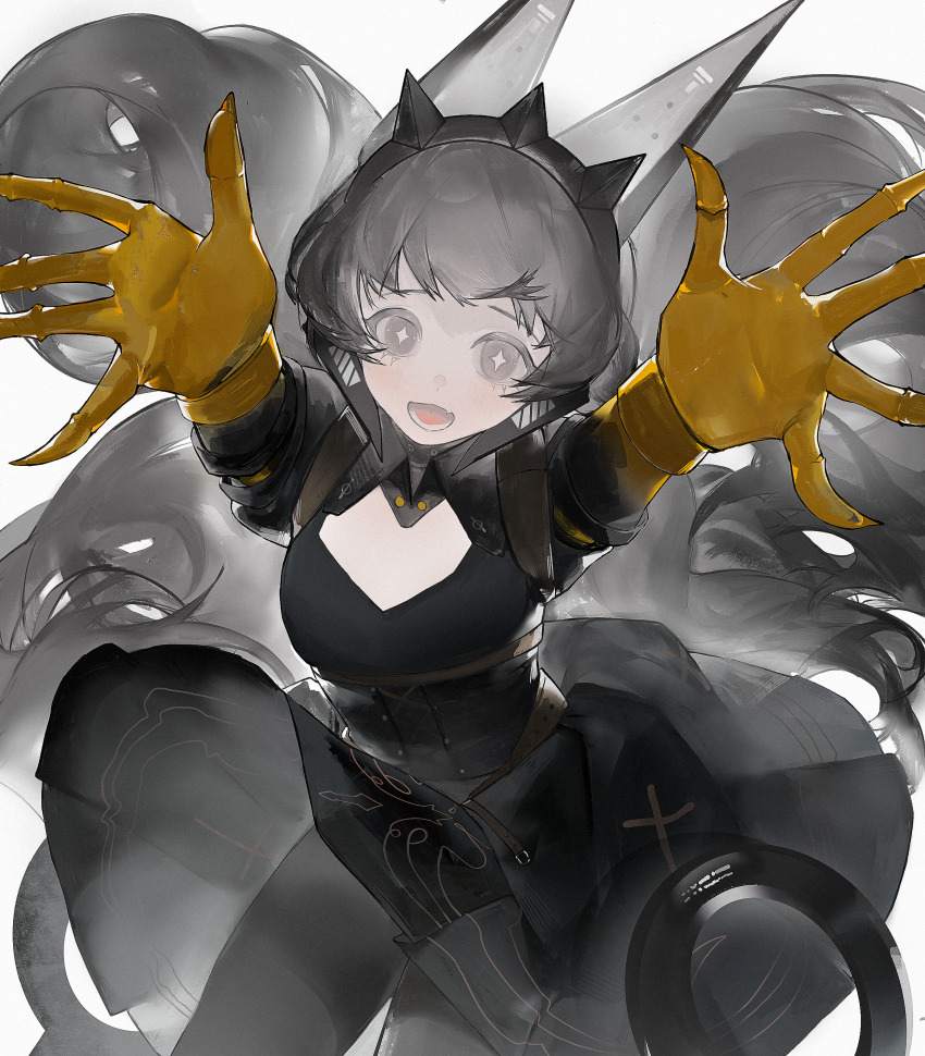 1girl, absurdres, animal_ears, black_dress, black_pantyhose, breasts, cleavage, crown, dress, fake_animal_ears, fang, grey_eyes, grey_hair, hair_ornament, highres, kajol203520, looking_at_viewer, lower_teeth_only, mechanical_arms, medium_breasts, nanami:_storm_(pgr), nanami_(pgr), pantyhose, punishing:_gray_raven, rabbit_ears, skin_fang, solo, star-shaped_pupils, star_(symbol), symbol-shaped_pupils, teeth, weapon