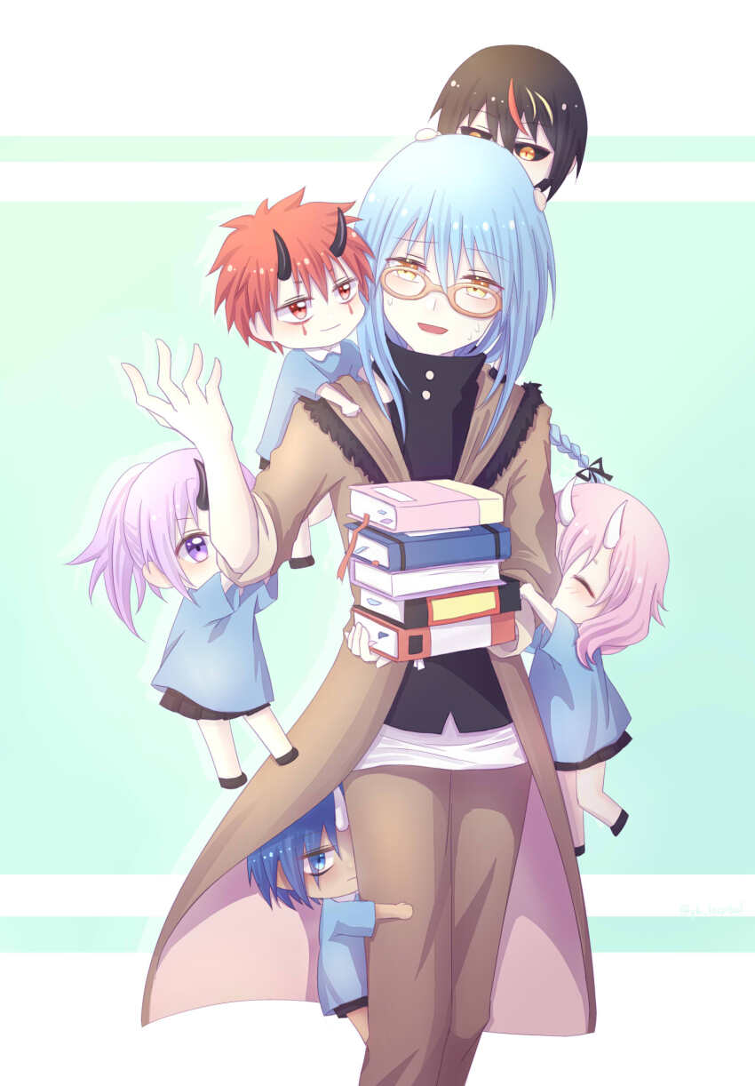 1other, 2girls, 3boys, aged_down, benimaru_(tensura), black_hair, blue_eyes, blue_hair, book, brown_jacket, diablo_(tensura), glasses, highres, horns, jacket, multiple_boys, multiple_girls, purple_eyes, purple_hair, red_hair, rimuru_tempest, shion_(tensura), short_hair, shuna_(tensura), soei_(tensura), tensei_shitara_slime_datta_ken, yellow_eyes, youzora